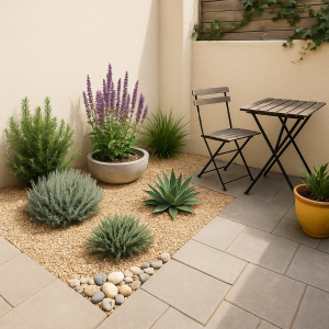 Un jardin sec sur une petite terasse