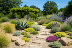 Photo d'un jardin sec avec des arbres et arbustes
