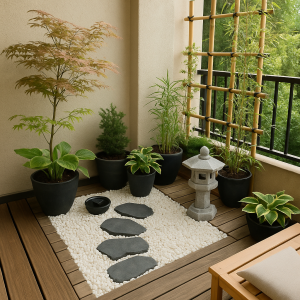 Une photo d'un jardin japonais sur un balcon